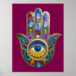 Colorful Petals Leaves Hamsa Sapphire Third Eye ポスター