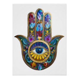 Colorful Petals Leaves Hamsa Sapphire Third Eye ポスター