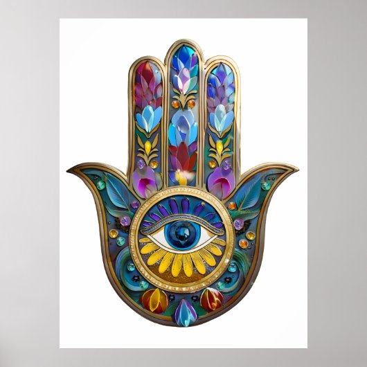 Colorful Petals Leaves Hamsa Sapphire Third Eye ポスター (正面)