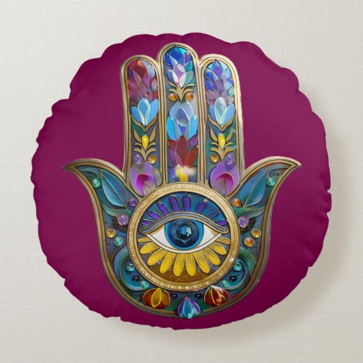 Colorful Petals Leaves Hamsa Sapphire Third Eye ラウンドクッション (正面)