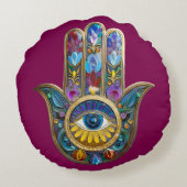 Colorful Petals Leaves Hamsa Sapphire Third Eye ラウンドクッション (裏面)