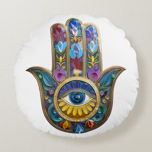 Colorful Petals Leaves Hamsa Sapphire Third Eye ラウンドクッション (正面)
