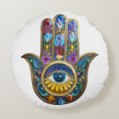 Colorful Petals Leaves Hamsa Sapphire Third Eye ラウンドクッション (裏面)