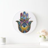 Colorful Petals Leaves Hamsa Sapphire Third Eye ラージ壁時計 (ホーム)