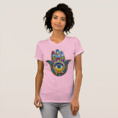 Colorful Petals Leaves Hamsa Sapphire Third Eye Tシャツ (正面フル)