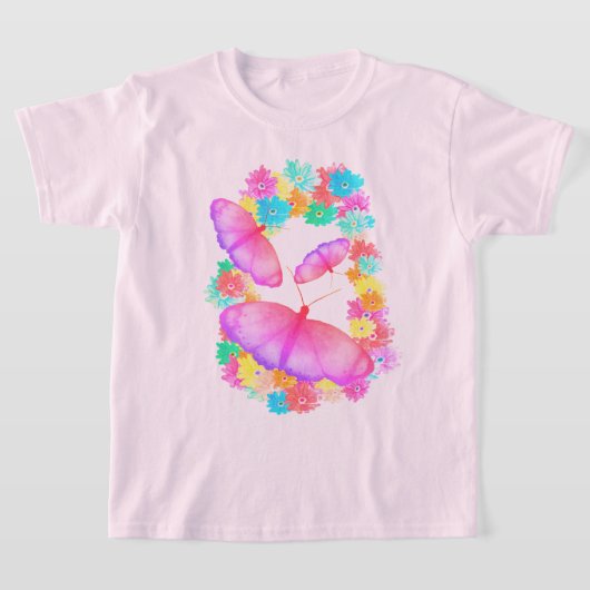 Colorful Pink Butterfly Floral Dream T-Shirt Tシャツ (レイダウン)