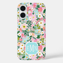 Colorful Pink Flower Garden Monogrammed iPhone 16ケース