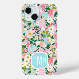 Colorful Pink Flower Garden Monogrammed iPhone 15ケース