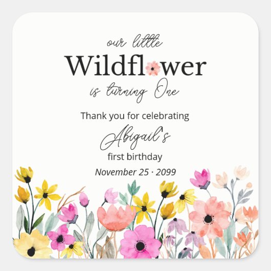 Colorful Pink Our Little Wildflower 1st Birthday スクエアシール (正面)
