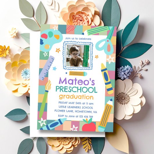 Colorful Playful Photo Preschool Graduation 招待状