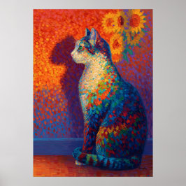 Colorful Pointillism Cat with Sunflowers Art ポスター