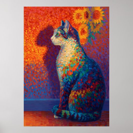Colorful Pointillism Cat with Sunflowers Art ポスター (正面)
