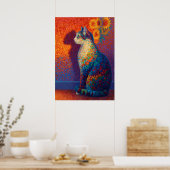 Colorful Pointillism Cat with Sunflowers Art ポスター (キッチン)