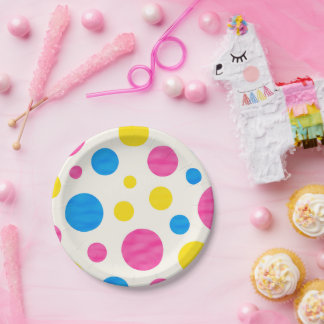 Colorful Polka Dots Pink Blue Yellow Retro ペーパープレート