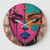 Colorful Pop Art Face Modern Abstract Portrait ラージ壁時計 (正面)