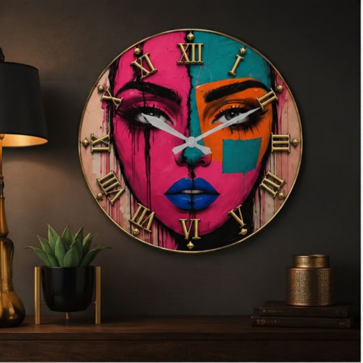 Colorful Pop Art Face Modern Abstract Portrait ラージ壁時計