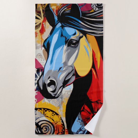 Colorful Pop Art Horse Illustration ビーチタオル (正面)