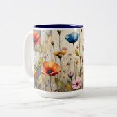 Colorful Poppies Floral Rustic Blue Patchwork ツートーンマグカップ (正面左)