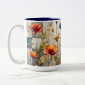 Colorful Poppies Floral Rustic Blue Patchwork ツートーンマグカップ (左)