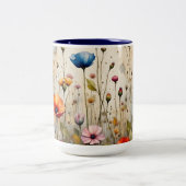Colorful Poppies Floral Rustic Blue Patchwork ツートーンマグカップ (中央)