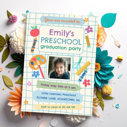Colorful Preschool Graduation Photo Text 招待状