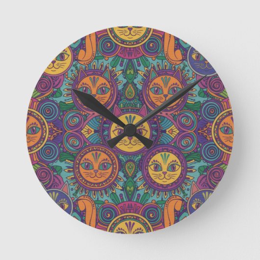 Colorful Psychedelic Cat Wall Clock ラウンド壁時計 (正面)