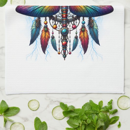 Colorful Psychedelic Dragonfly Dreamcatcher Boho キッチンタオル (折り畳み)