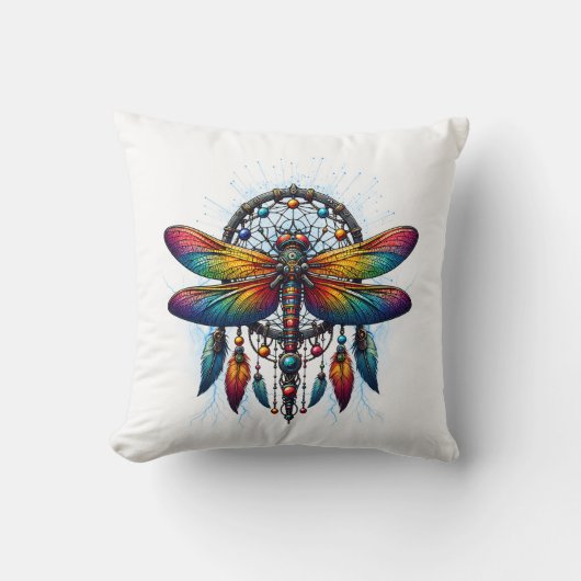 Colorful Psychedelic Dragonfly Dreamcatcher Boho クッション (正面)