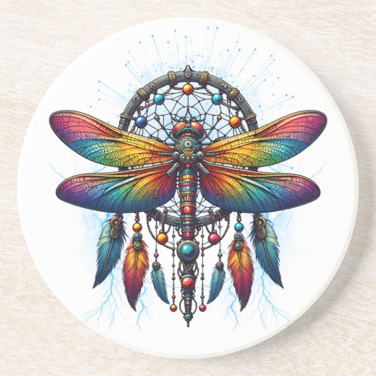 Colorful Psychedelic Dragonfly Dreamcatcher Boho コースター (正面)