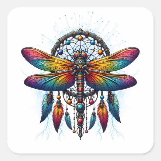 Colorful Psychedelic Dragonfly Dreamcatcher Boho スクエアシール (正面)
