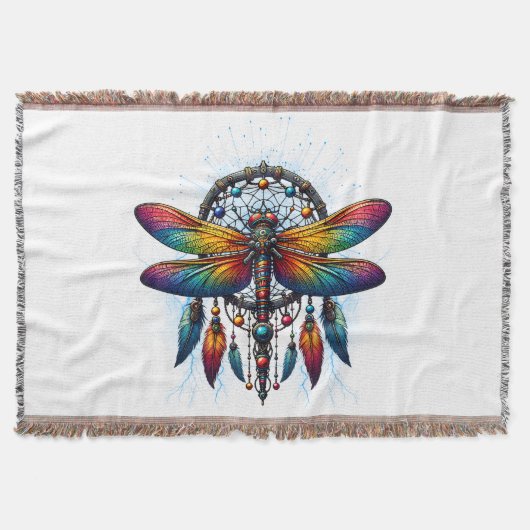 Colorful Psychedelic Dragonfly Dreamcatcher Boho スローブランケット (正面)