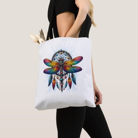 Colorful Psychedelic Dragonfly Dreamcatcher Boho トートバッグ (クローズアップ)