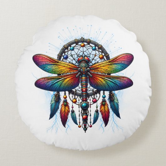 Colorful Psychedelic Dragonfly Dreamcatcher Boho ラウンドクッション (正面)