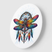 Colorful Psychedelic Dragonfly Dreamcatcher Boho ラージ壁時計 (傾斜)
