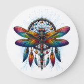 Colorful Psychedelic Dragonfly Dreamcatcher Boho ラージ壁時計 (正面)