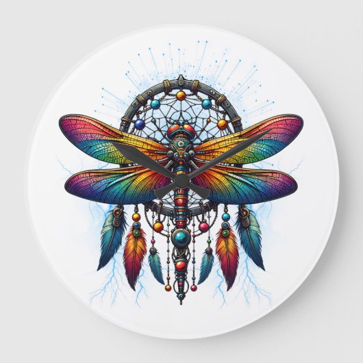 Colorful Psychedelic Dragonfly Dreamcatcher Boho ラージ壁時計 (正面)