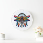 Colorful Psychedelic Dragonfly Dreamcatcher Boho ラージ壁時計 (ホーム)