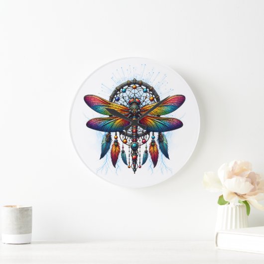 Colorful Psychedelic Dragonfly Dreamcatcher Boho ラージ壁時計 (ホーム)