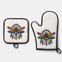 Colorful Psychedelic Dragonfly Dreamcatcher Boho 鍋つかみ&鍋敷きセット