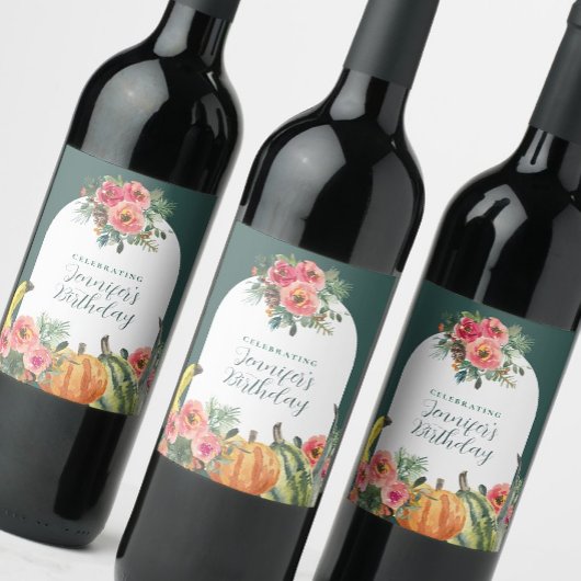 Colorful Pumpkins Fall Pink Floral Birthday Party ワインラベル