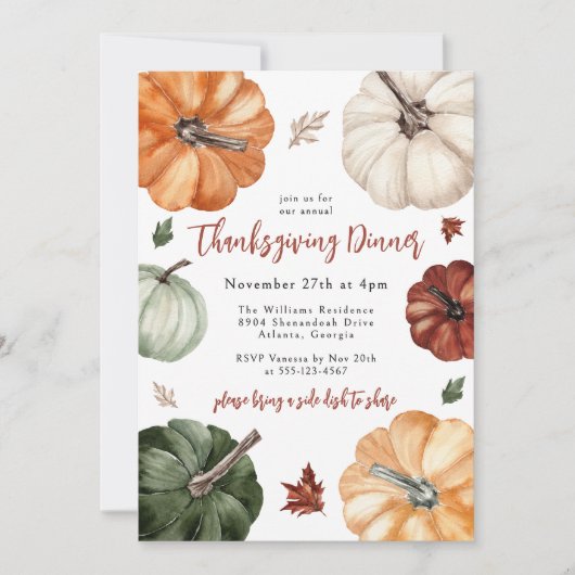 Colorful Pumpkins Rustic Thanksgiving Dinner 招待状 (正面)