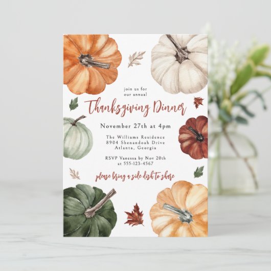Colorful Pumpkins Rustic Thanksgiving Dinner 招待状 (スタンド正面)
