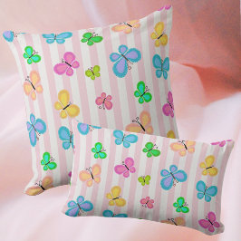 Colorful Quilty Butterflies on Pink White Stripe クッション