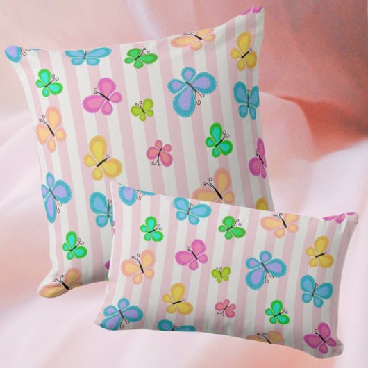 Colorful Quilty Butterflies on Pink White Stripe クッション