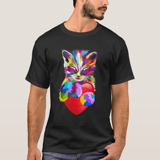 Colorful Rainbow Cat Smiling And Holding Heart Tシャツ (正面)