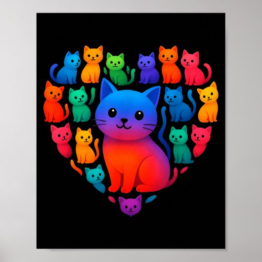 Colorful Rainbow Cats Heart Valentines Day Cat Gra ポスター (正面)