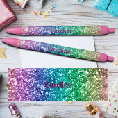 Colorful Rainbow Glitter Custom Name 黒ボールペン