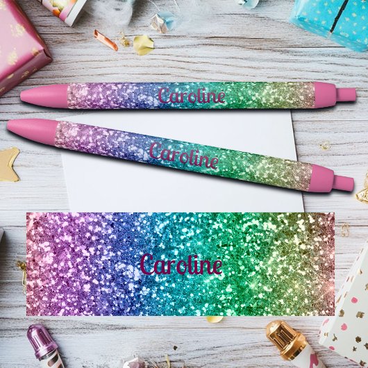 Colorful Rainbow Glitter Custom Name 黒ボールペン