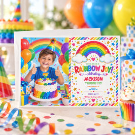 Colorful Rainbow Joy 7th Birthday boy Party photo 招待状