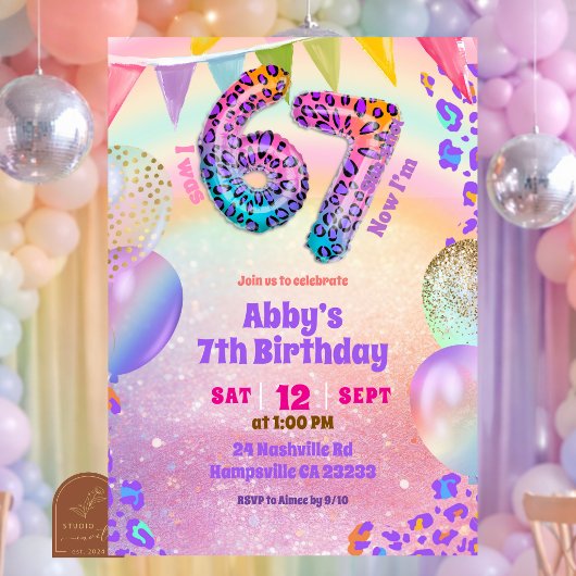 Colorful Rainbow Leopard 67 Birthday Invitation 招待状